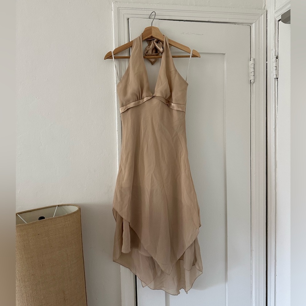 Chic Asymmetrical Tan Halter Dress